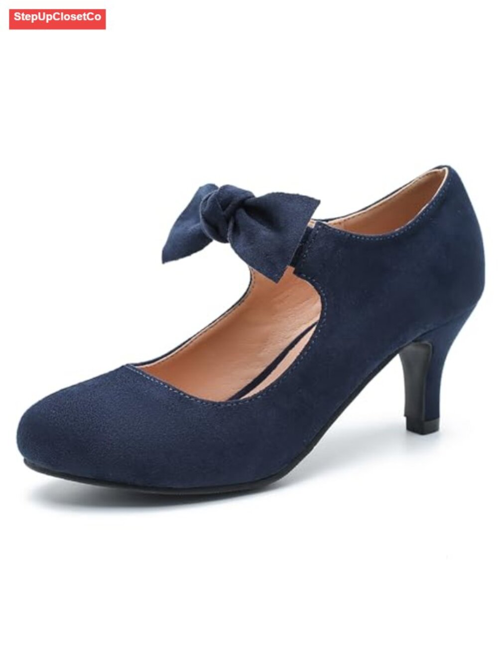 Kitten Heel Mary Jane Pumps Faux Suede Bow Round Toe Women's Dress Shoes